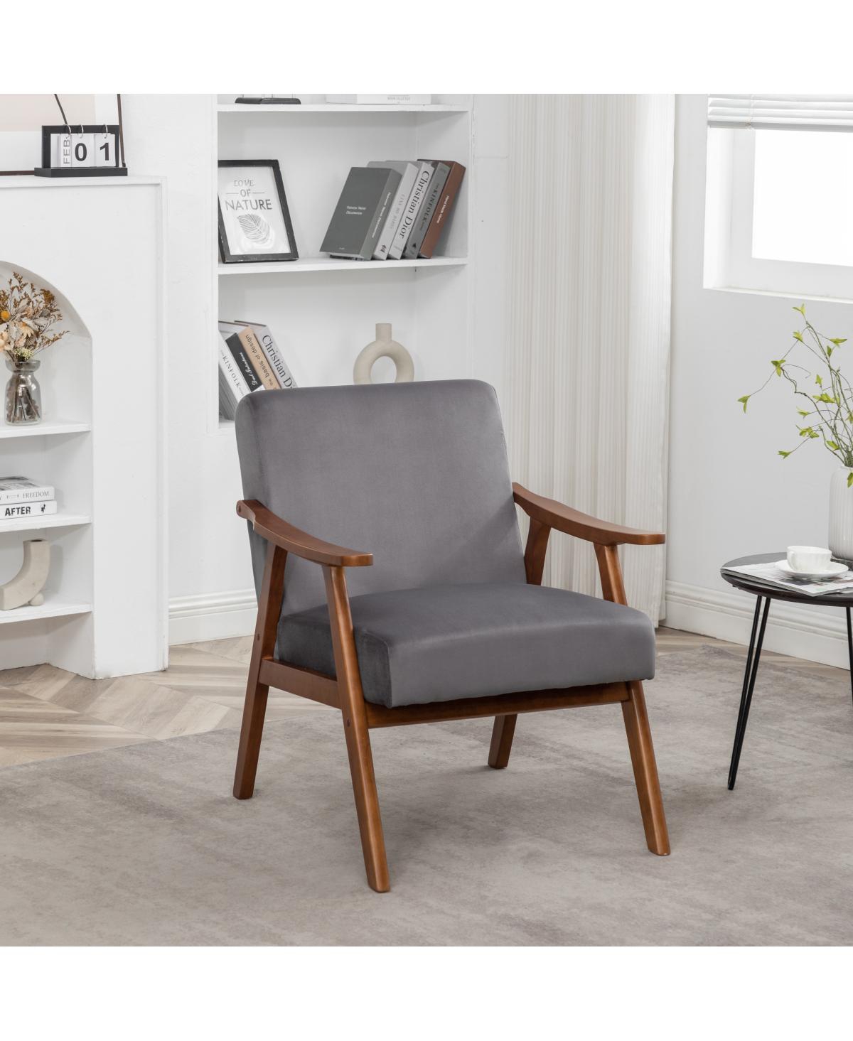 Streamdale Furniture Velvet Mid-Century Modern Accent Chair with Solid Wood Frame - Grey
