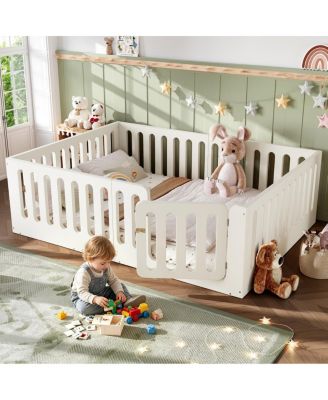  Queen Size Montessori Floor Bed with High Fence and Door
