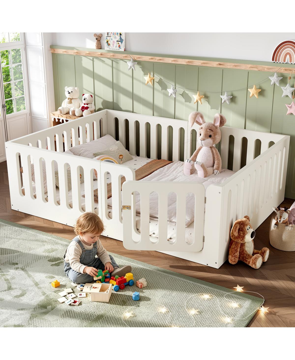 Streamdale Furniture Queen Size Montessori Floor Bed with High Fence and Door - Beige
