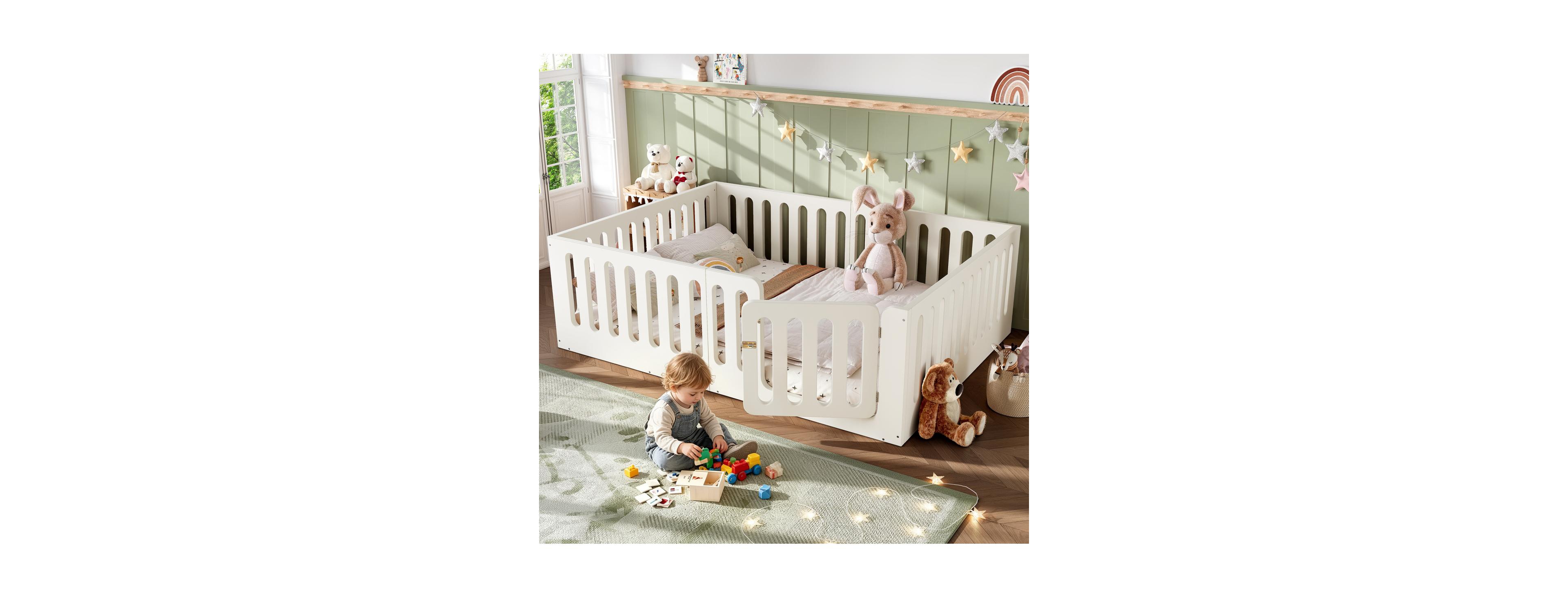 Streamdale Furniture Queen Size Montessori Floor Bed with High Fence and Door