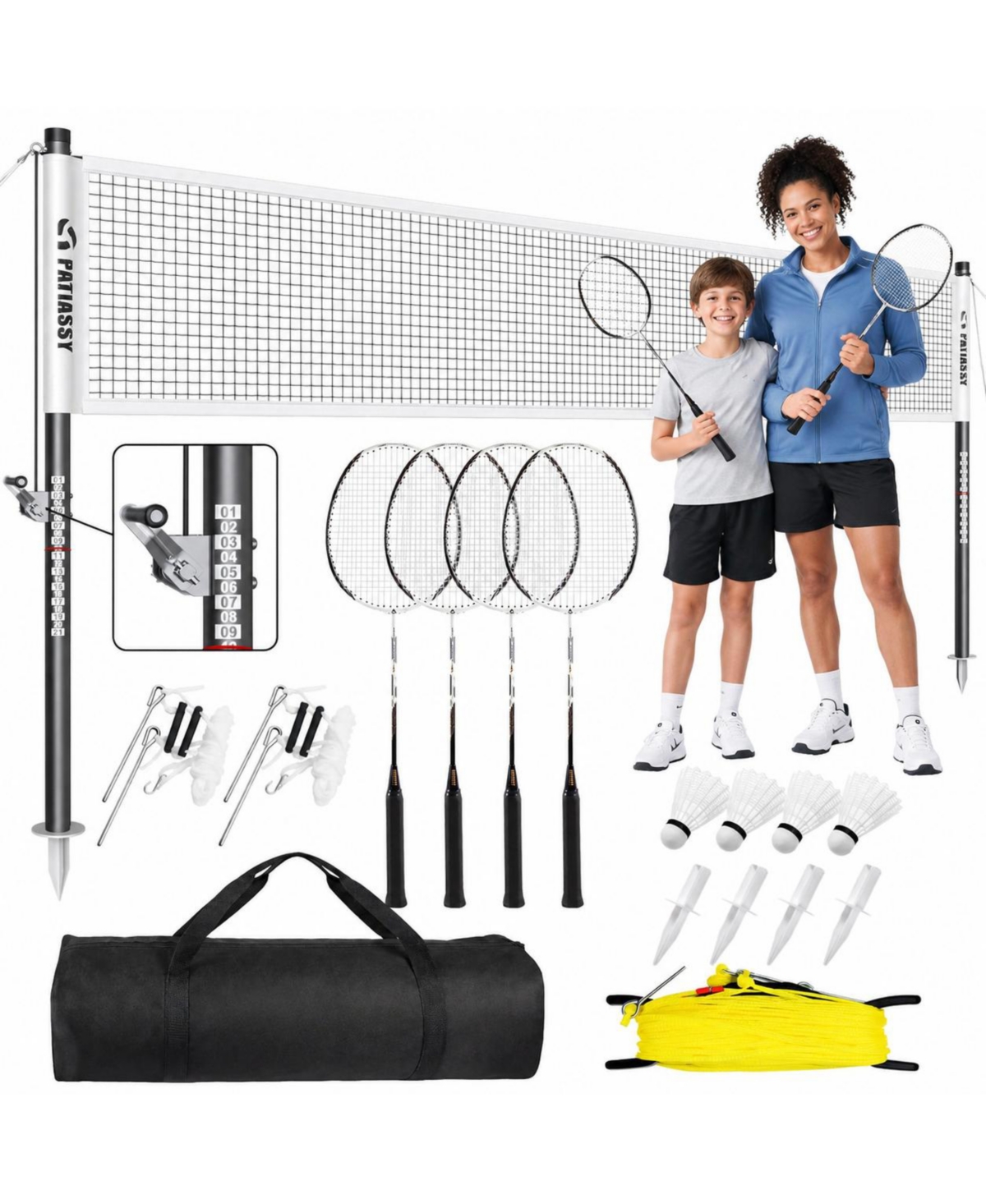 Peneyon 4 Player Carbon Fiber Badminton Set With Winch Net Poles and Carry Bag