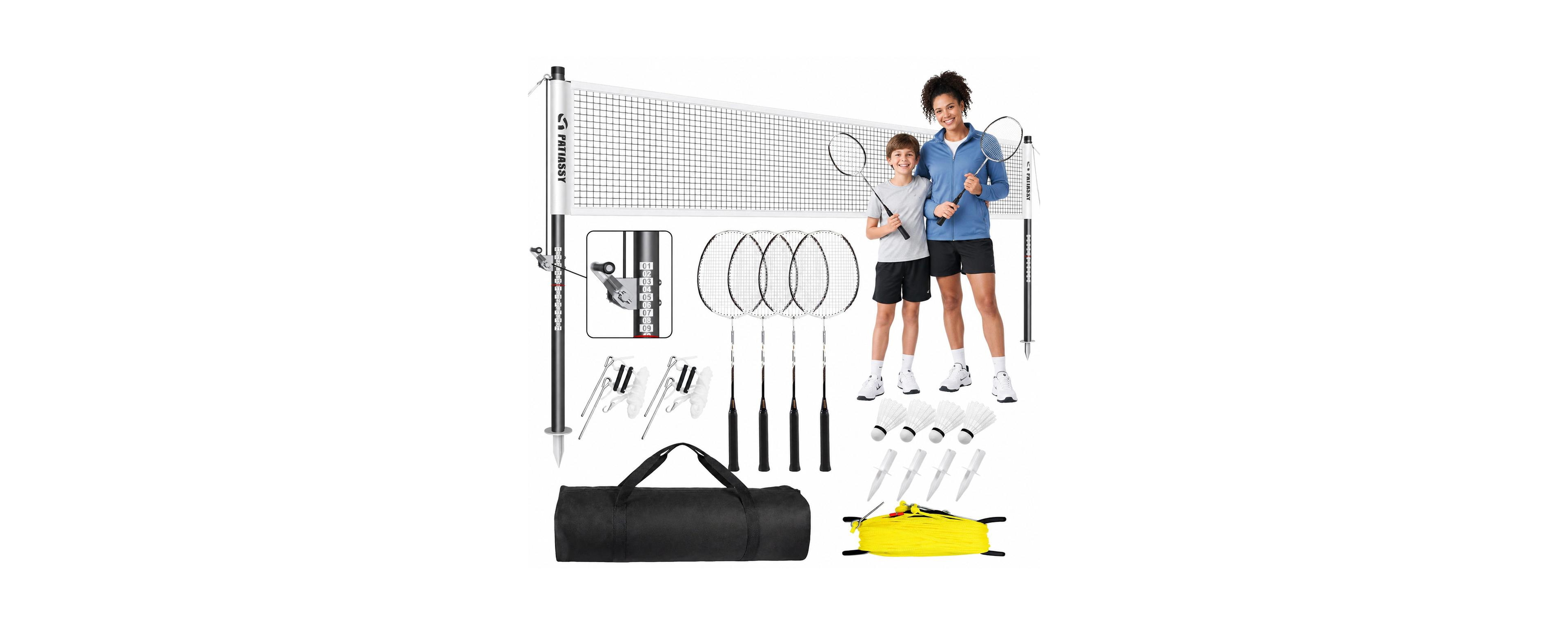 Peneyon 4 Player Carbon Fiber Badminton Set With Winch Net Poles and Carry Bag