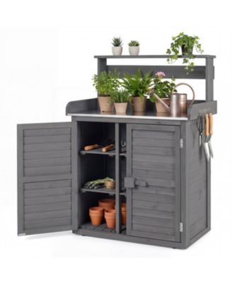 Fir Wood Potting Bench with Stainless Steel Top and Louvered Door Cabinet
