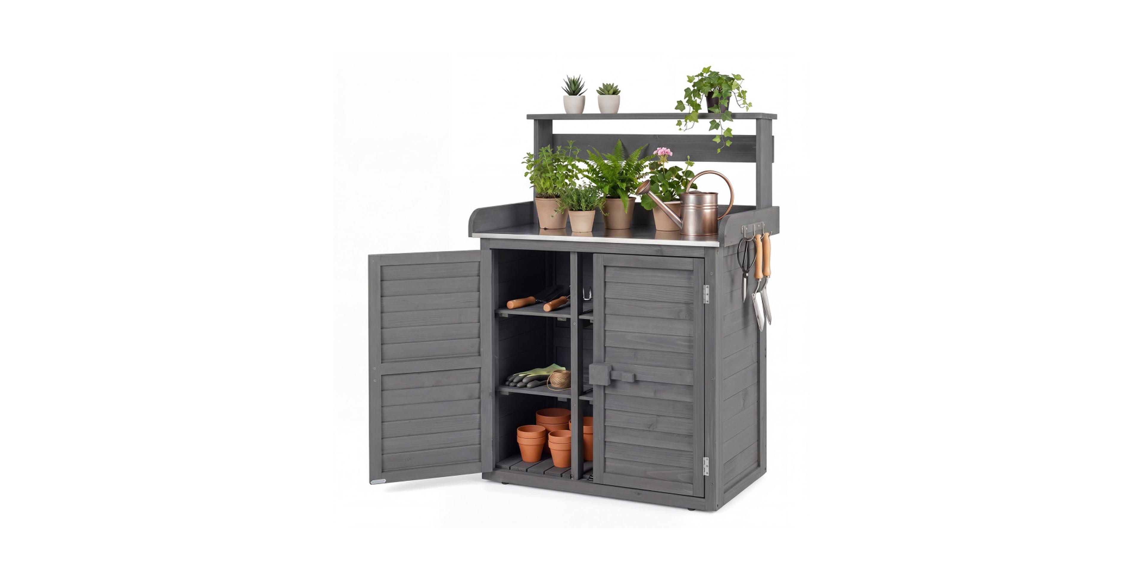 Gouun Fir Wood Potting Bench with Stainless Steel Top and Louvered Door Cabinet