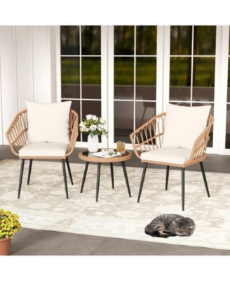 3 Piece Patio Bistro Set with Soft Cushions, Tempered Glass Coffee Table and Metal Frame