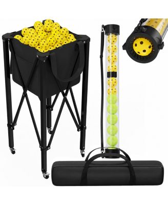 2 in 1 Tennis Pickleball Hopper With Pickup Tube Collapsible Metal Ball Basket Wheels Carry Case