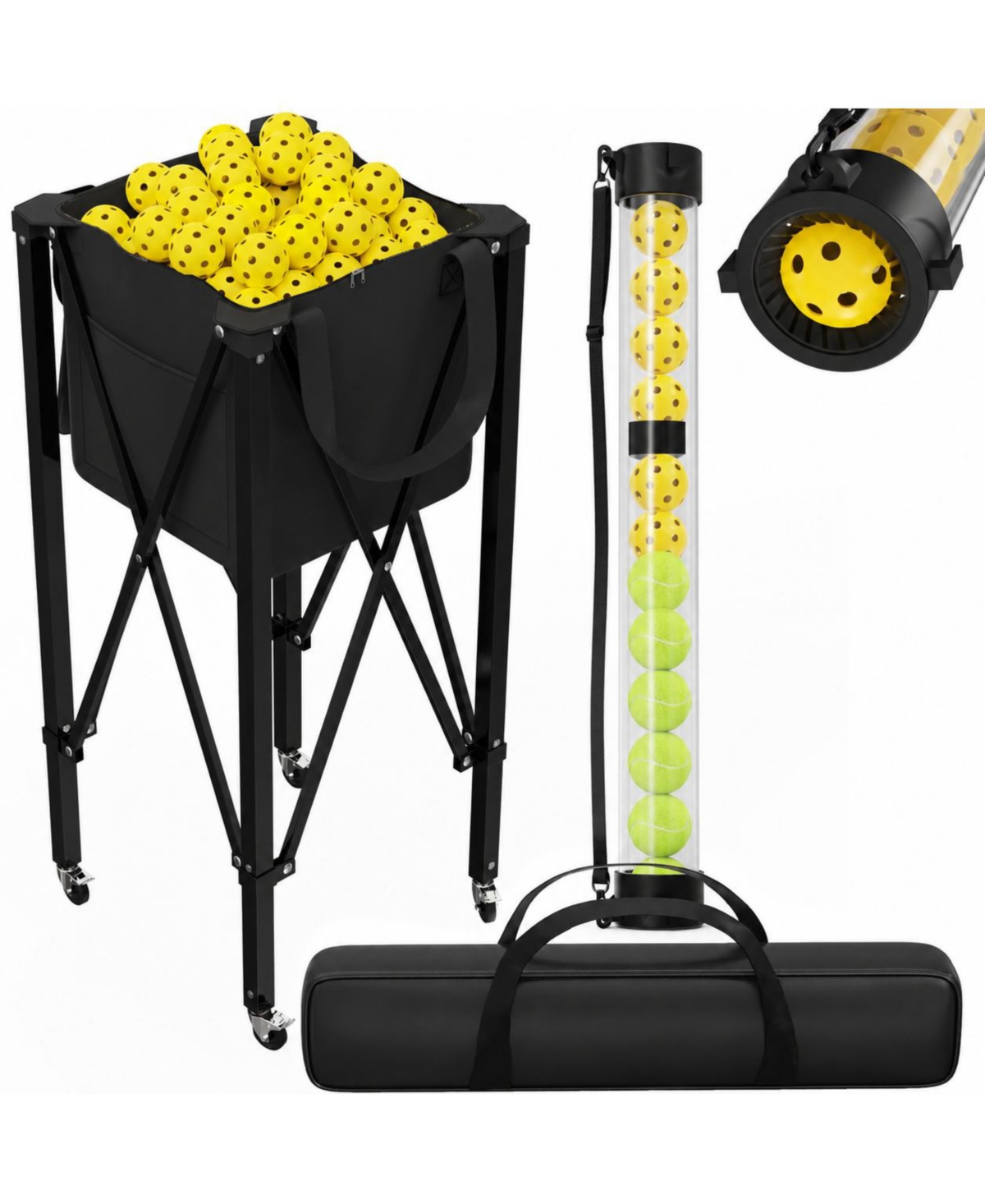 Peneyon 2 in 1 Tennis Pickleball Hopper With Pickup Tube Collapsible Metal Ball Basket Wheels Carry Case