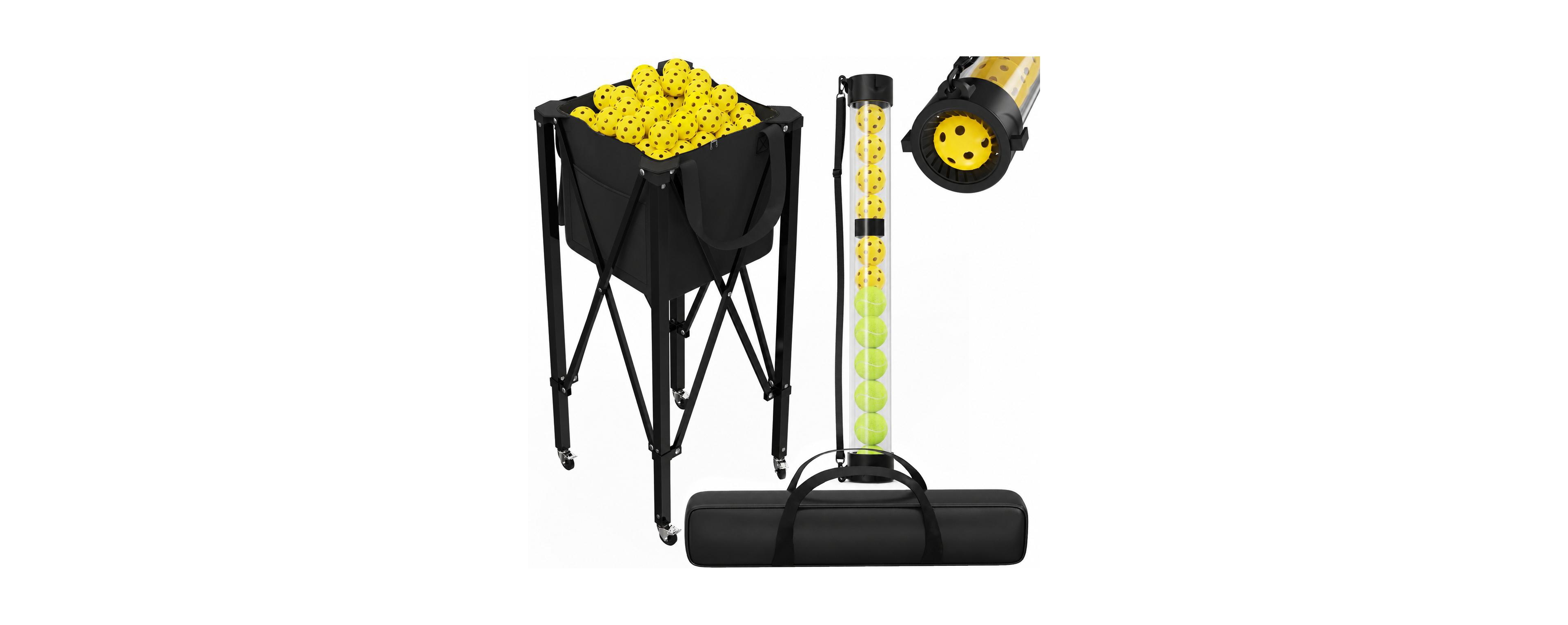 Peneyon 2 in 1 Tennis Pickleball Hopper With Pickup Tube Collapsible Metal Ball Basket Wheels Carry Case