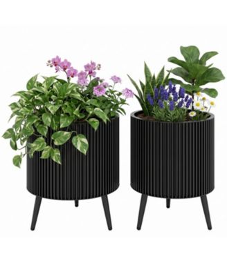 Set of 2 Fluted Metal Flower Pots with Elevated Stand and Drainage Holes