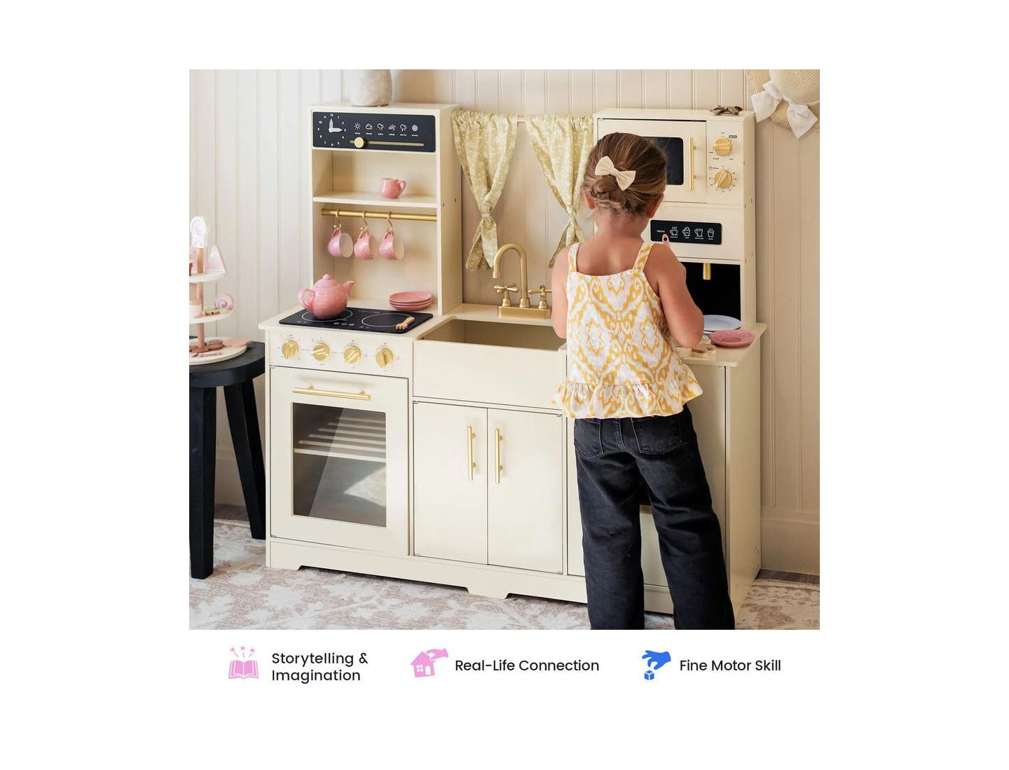 Детские игрушки Tiny Land Iconic Wooden Play Kitchen - Cream Pretend Cooking Set for Kids — фото 6