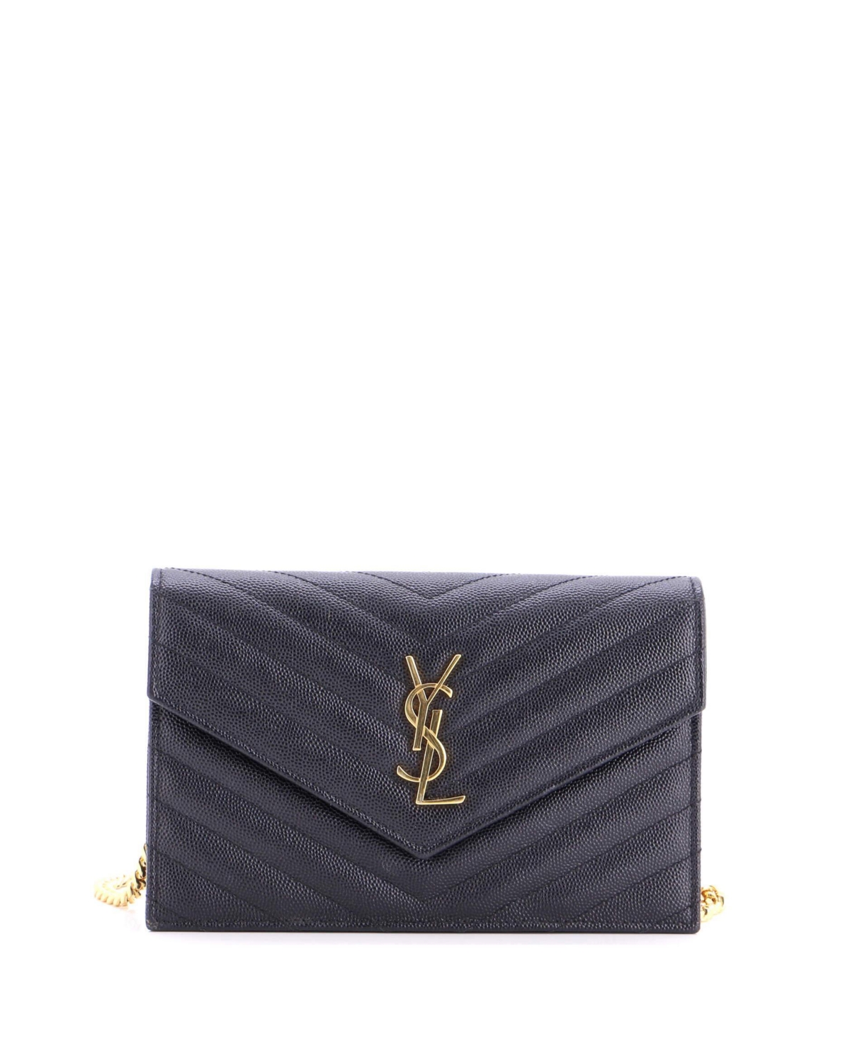 Pre-Owned Saint Laurent Small Classic Monogram Wallet on Chain Matelasse Chevron Leather - Black