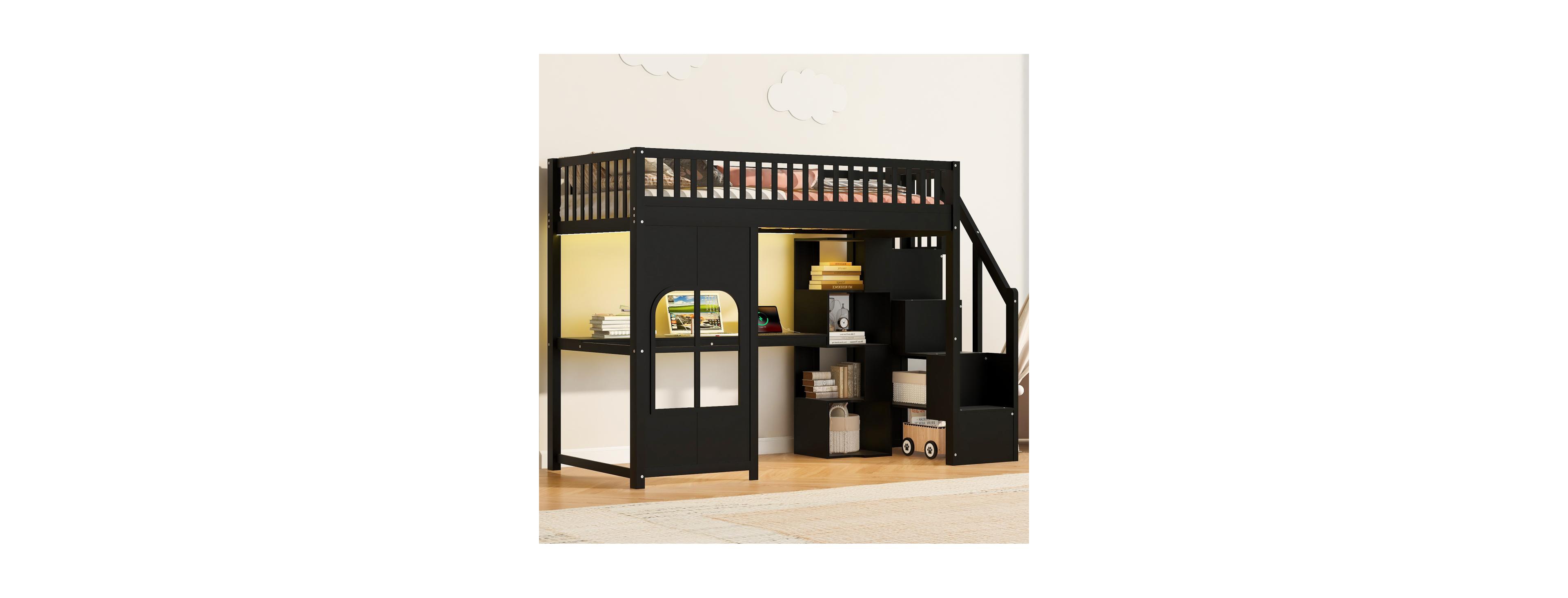 Streamdale Furniture Twin Loft Bed with Storage Stairs, Led, Usb and Shelves