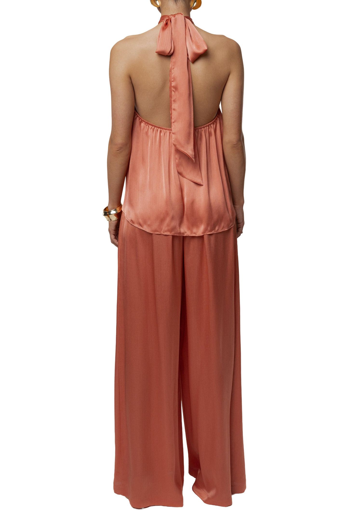 Женский комплект JLUXLABEL Cascade Halter-Neck Wide-Leg Satin Blouse and Pants, 2-Piece Set, цвет: Лососевый — фото 3