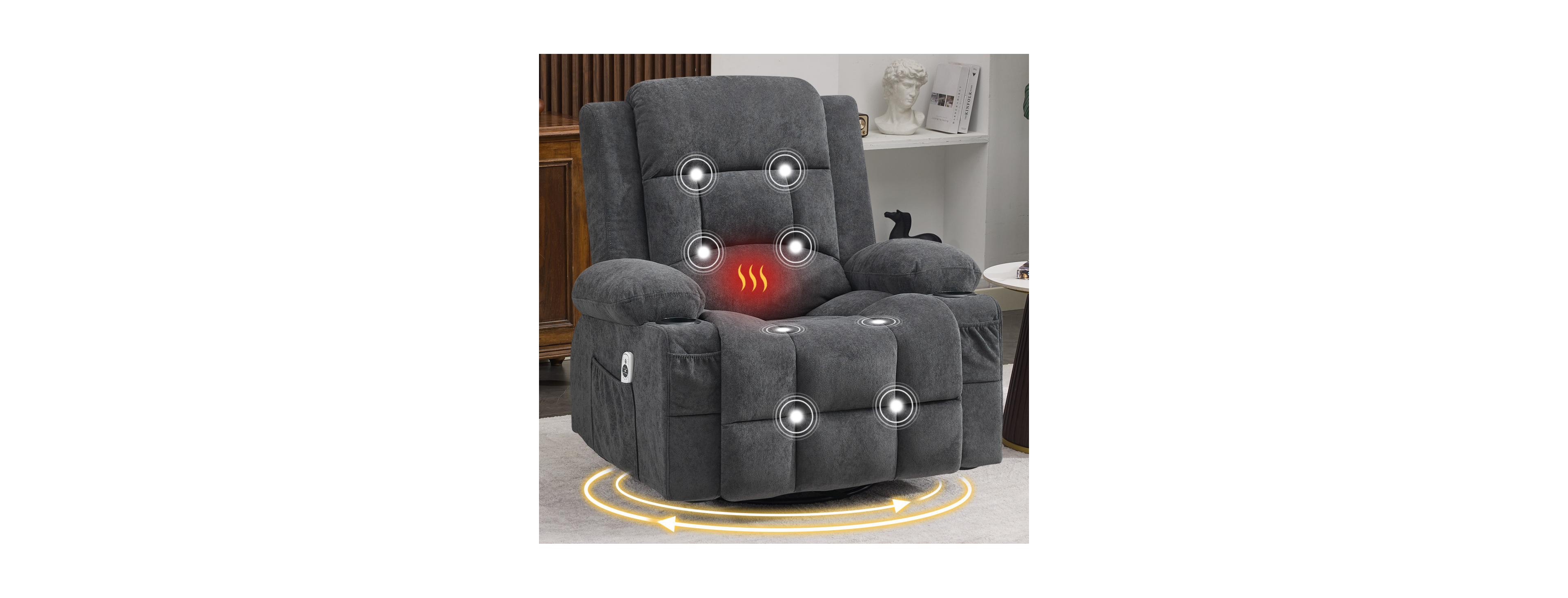 Streamdale Furniture Swivel Rocker Recliner with Massage, Heat and Cup Holder