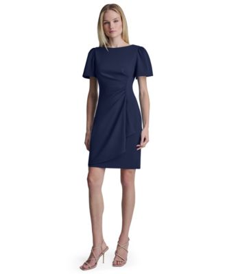 Women's Flutter Ruched B Short-Sleeve Jewel Neck Dress