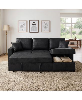 94" Faux Leather Like Upholstered Sectional with Pull-Out Bed and Chaise Storage