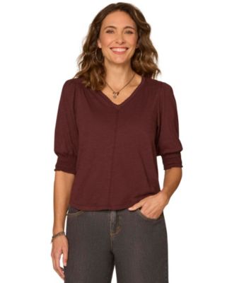 Petite Elbow-Length Blouson Scalloped V-Neck Blouse