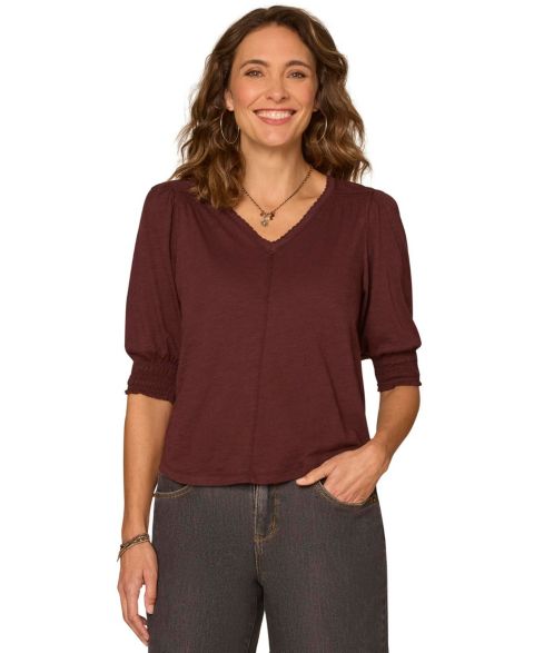 Женская блузка Democracy Petite Elbow-Length Blouson Scalloped V-Neck, цвет: Меланжевый вишнёвый шоколадный