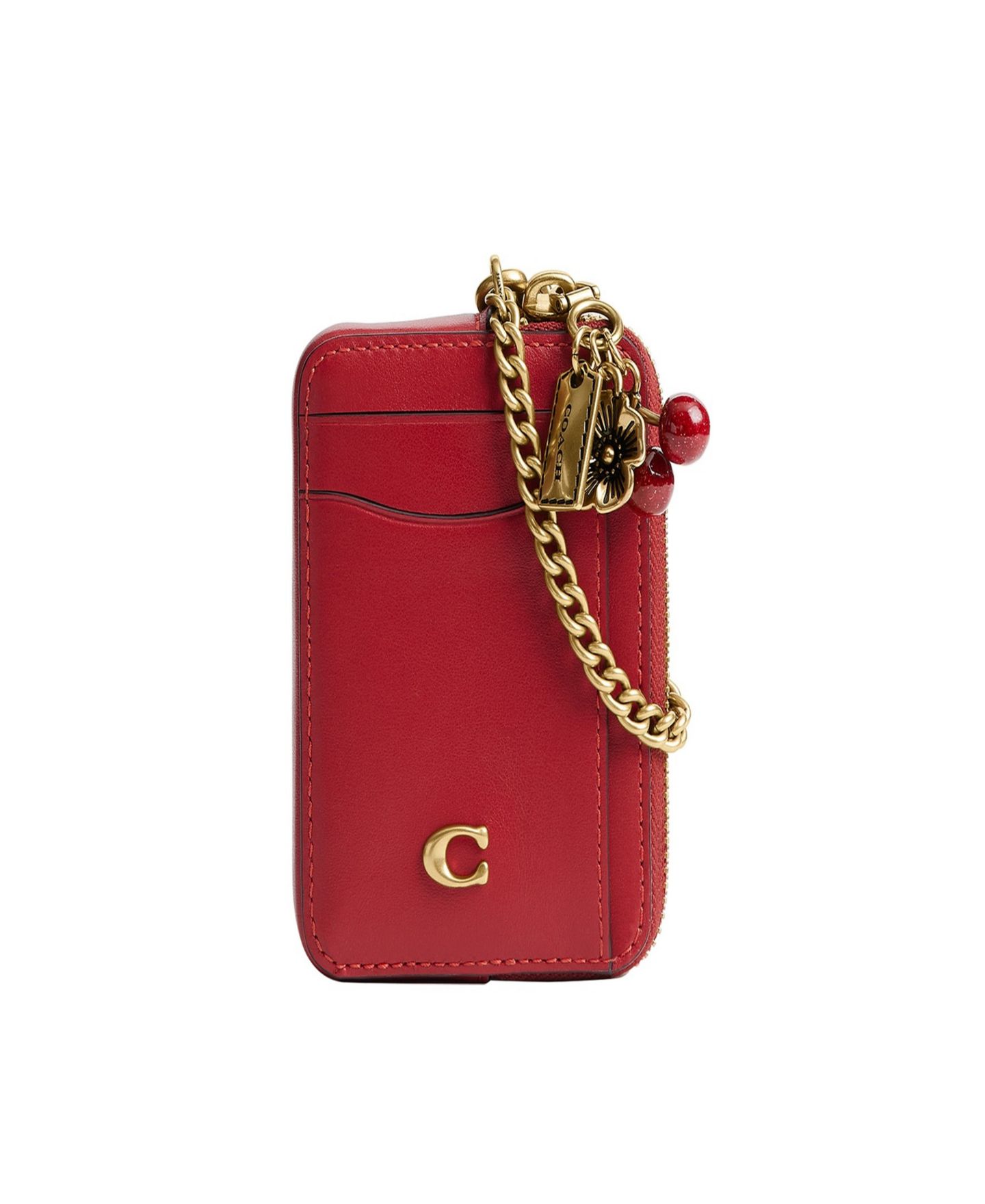 Женский кошелёк COACH Essential Leather Chain Strap Card Case, цвет: Латунный / Маковый — фото 1