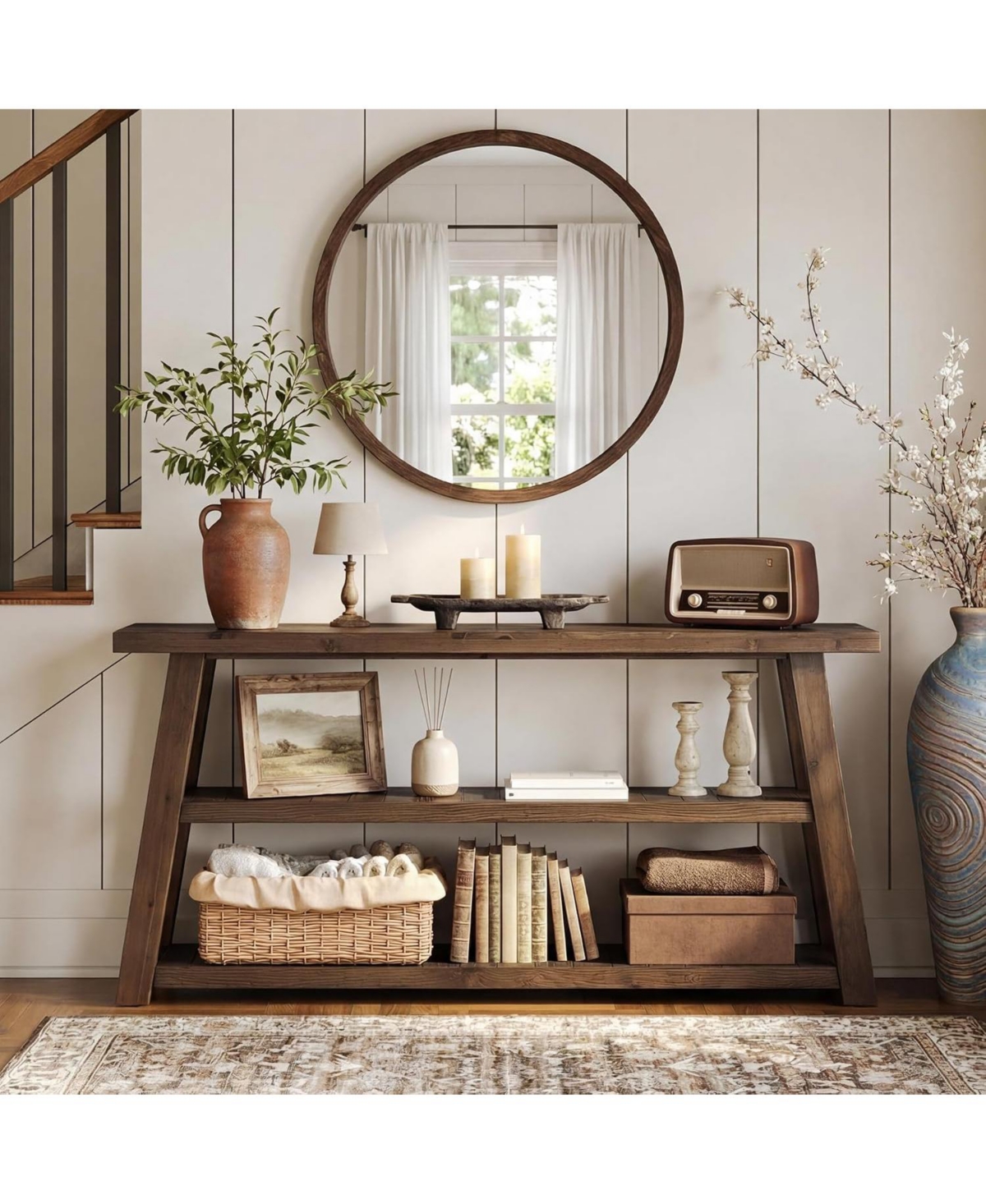 Tribesigns 62.99" Solid Wood Console Table, 3-Tier Farmhouse Sofa Table - Brown