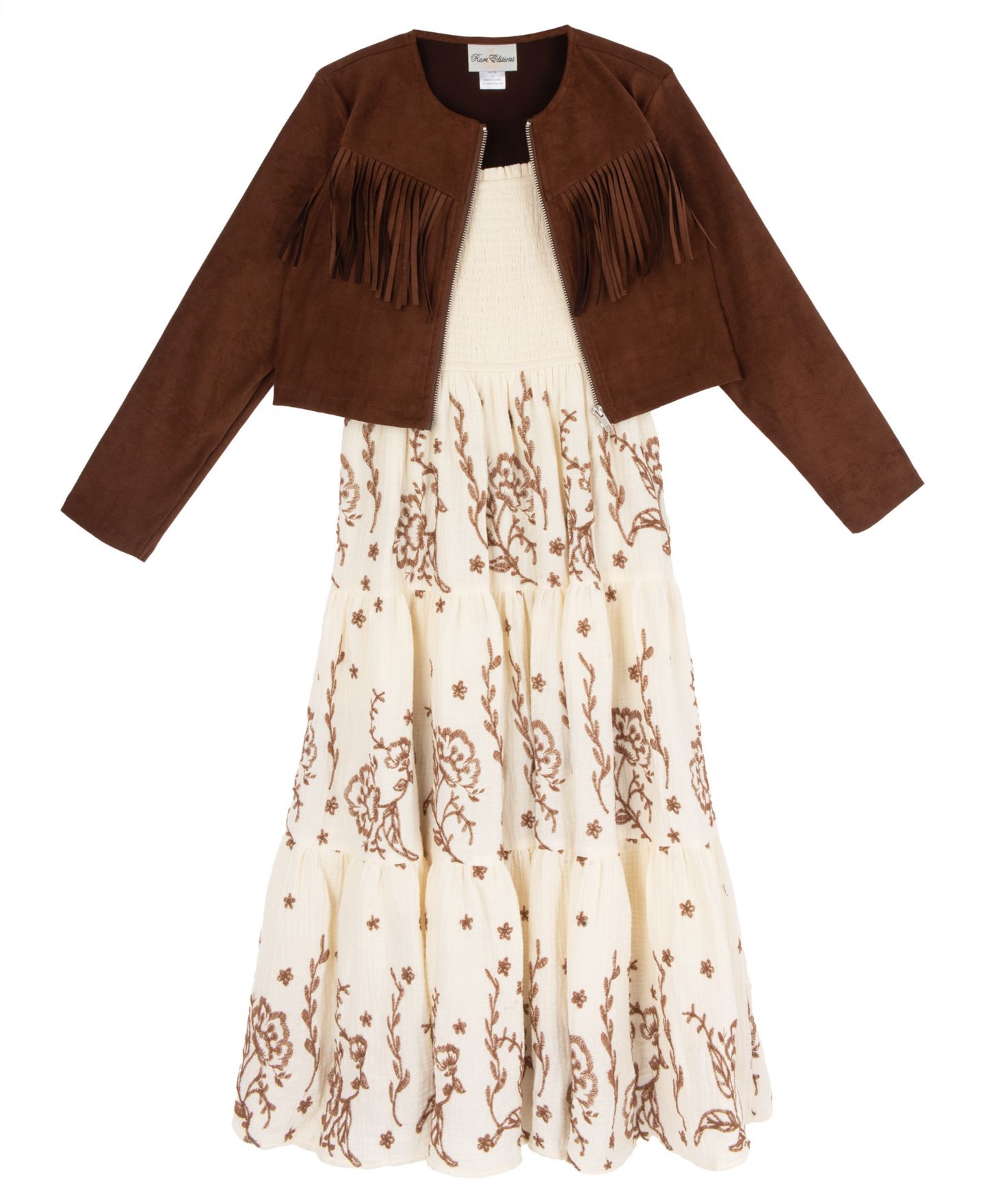 Платья Rare Editions Embroidered Tiered Maxi Dress and Jacket, 2-Piece Set для девочек, цвет: Коричневый — фото 2