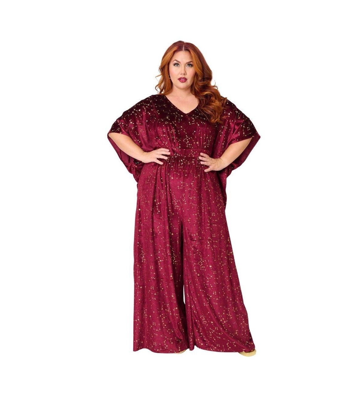 Unique Vintage Plus Size 1970s Sequin Caftan Jumpsuit - Red w/ gold star print