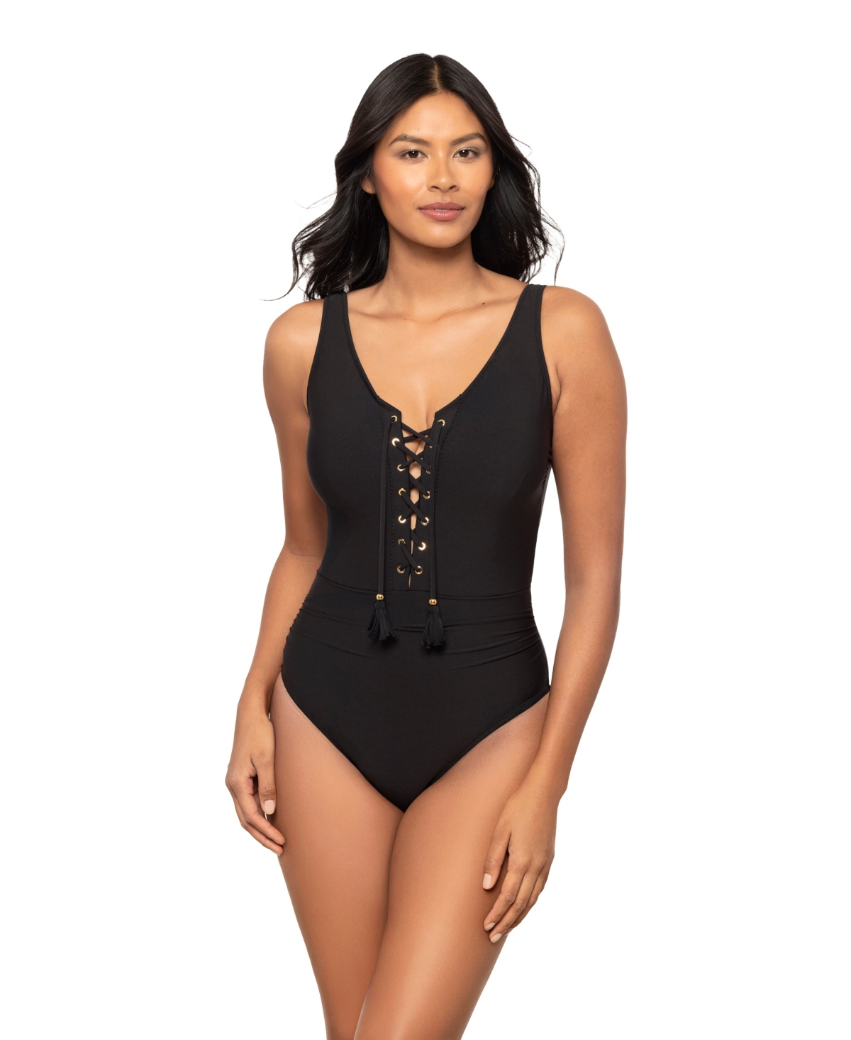 Magicsuit Women's Bronte Tummy-Control V-Neck Lace-Up Plunge One-Piece Swimsuit - Black