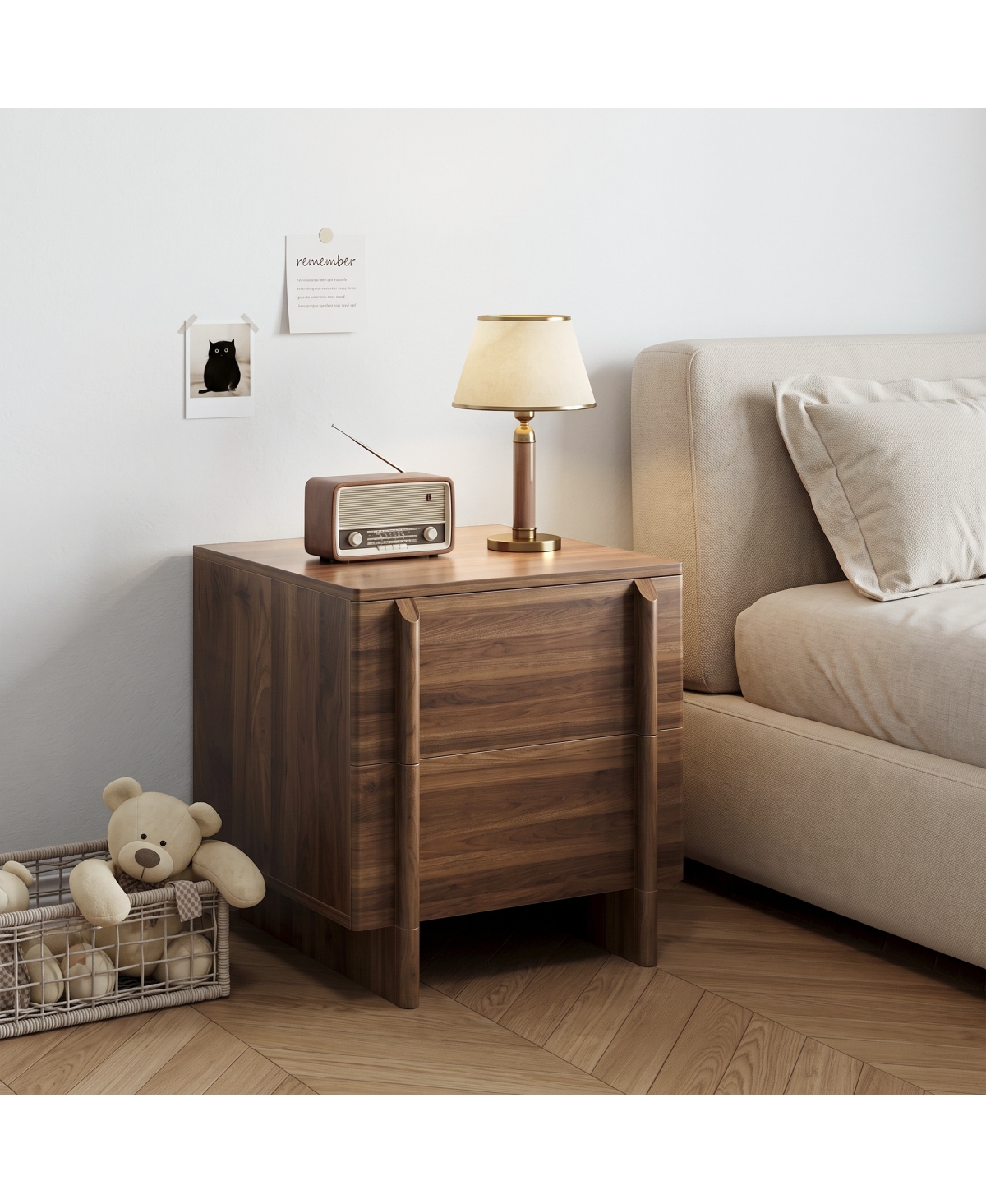 Streamdale Furniture Minimalist Walnut 2-Drawer Nightstand with Rounded Corners