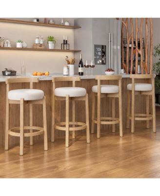 Chenille Counter Height Bar Stools Set of 4 with Solid Wood Legs Beige Black Upholstered Padded Seat Curved Back for Kitchen Island