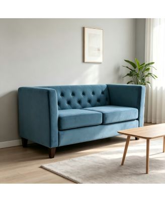 Button Tufted Velvet 3-Seater Sofa with Wood Legs