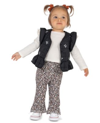Baby Girls' Quilted Embroidered-Bow Vest, Top, and Flared-Leg Leggings, 3-Piece Set