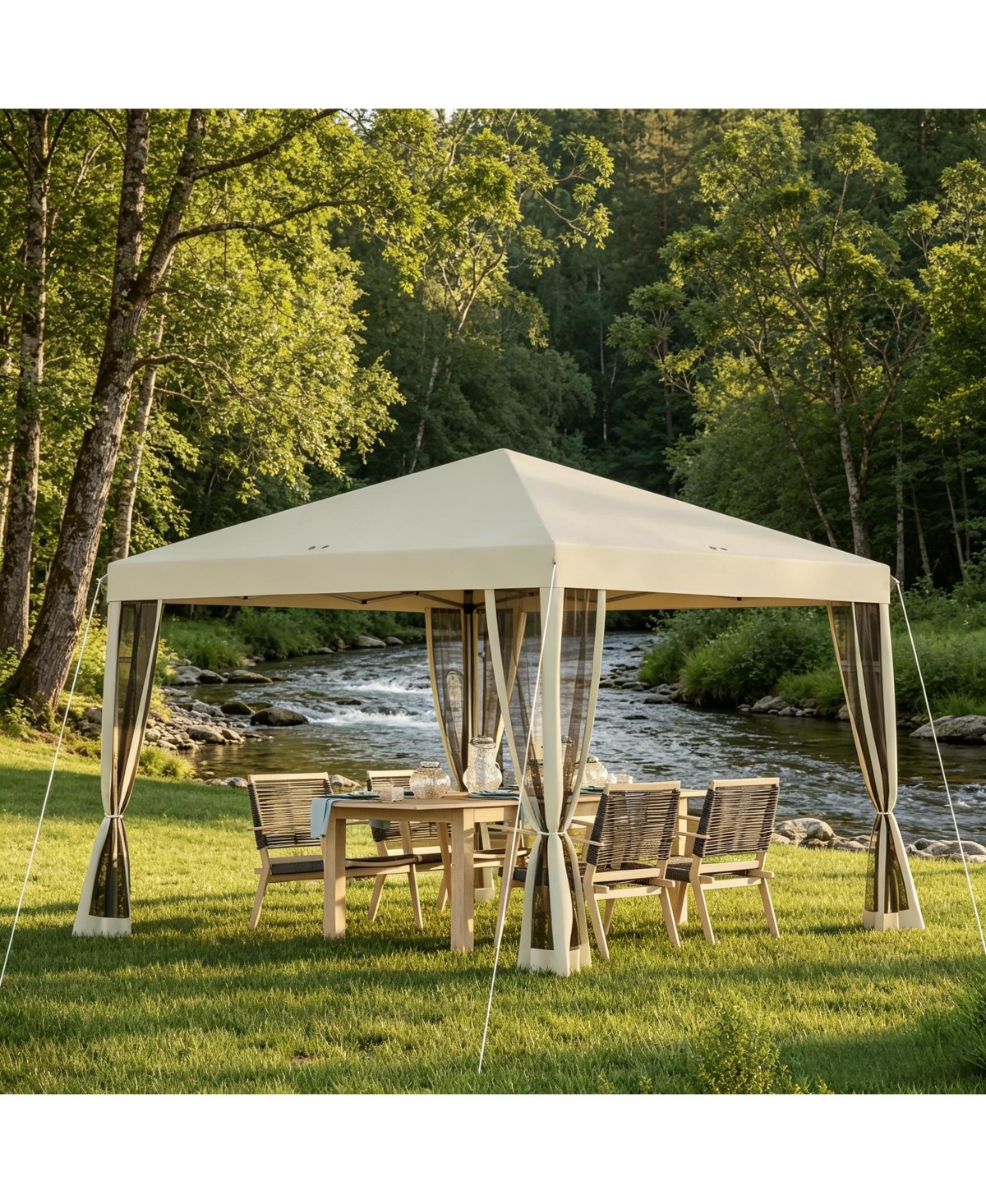 Sevorley Pop Up Canopy Tent with Netting, Beige, Steel, Oxford Fabric, Mesh Construction, Helps cool you down and stops sunburns - Beige