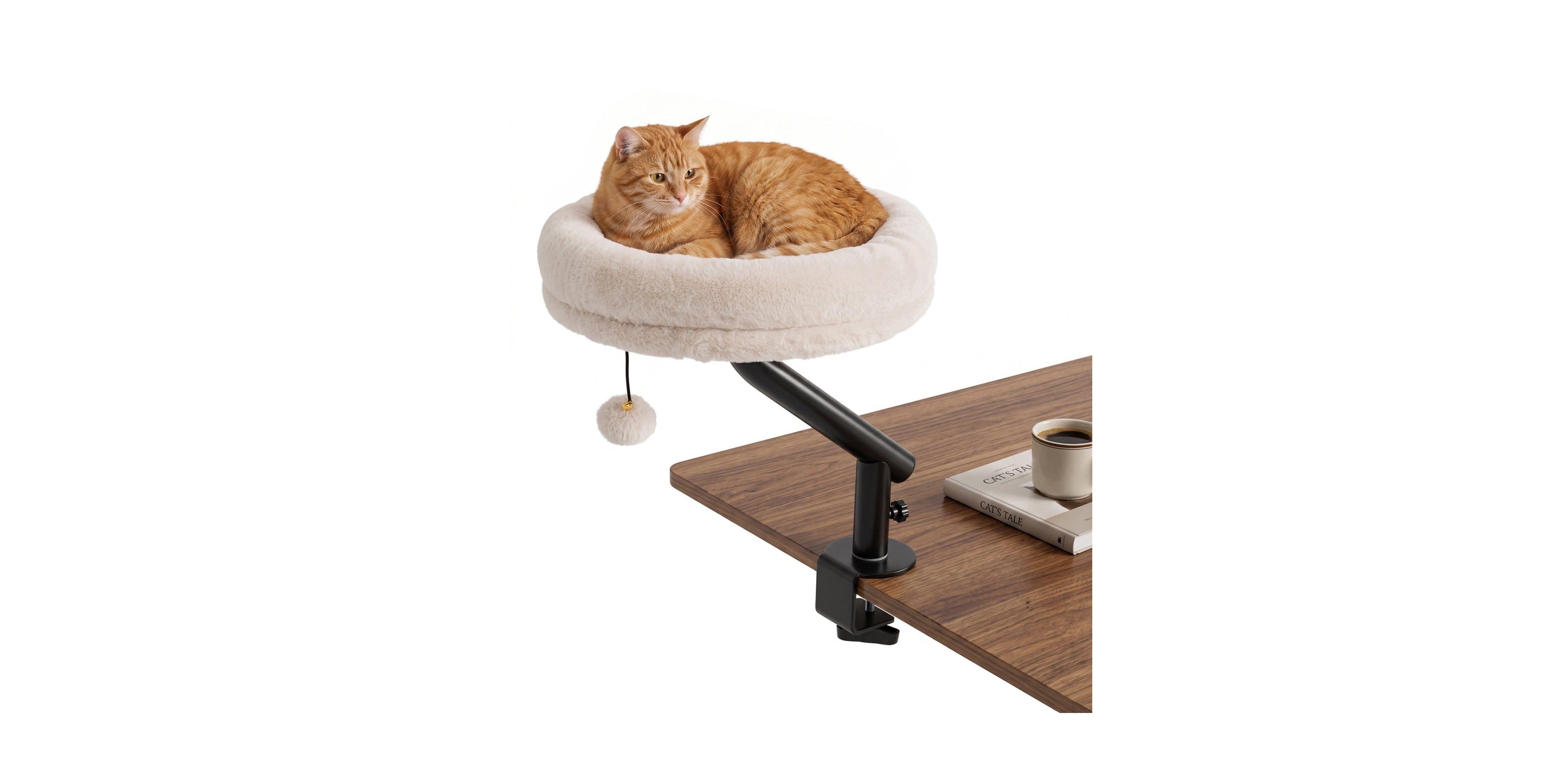 Sugift 360-Degree Rotating Cat Desk Bed with Clamp Mount and Removable Cover