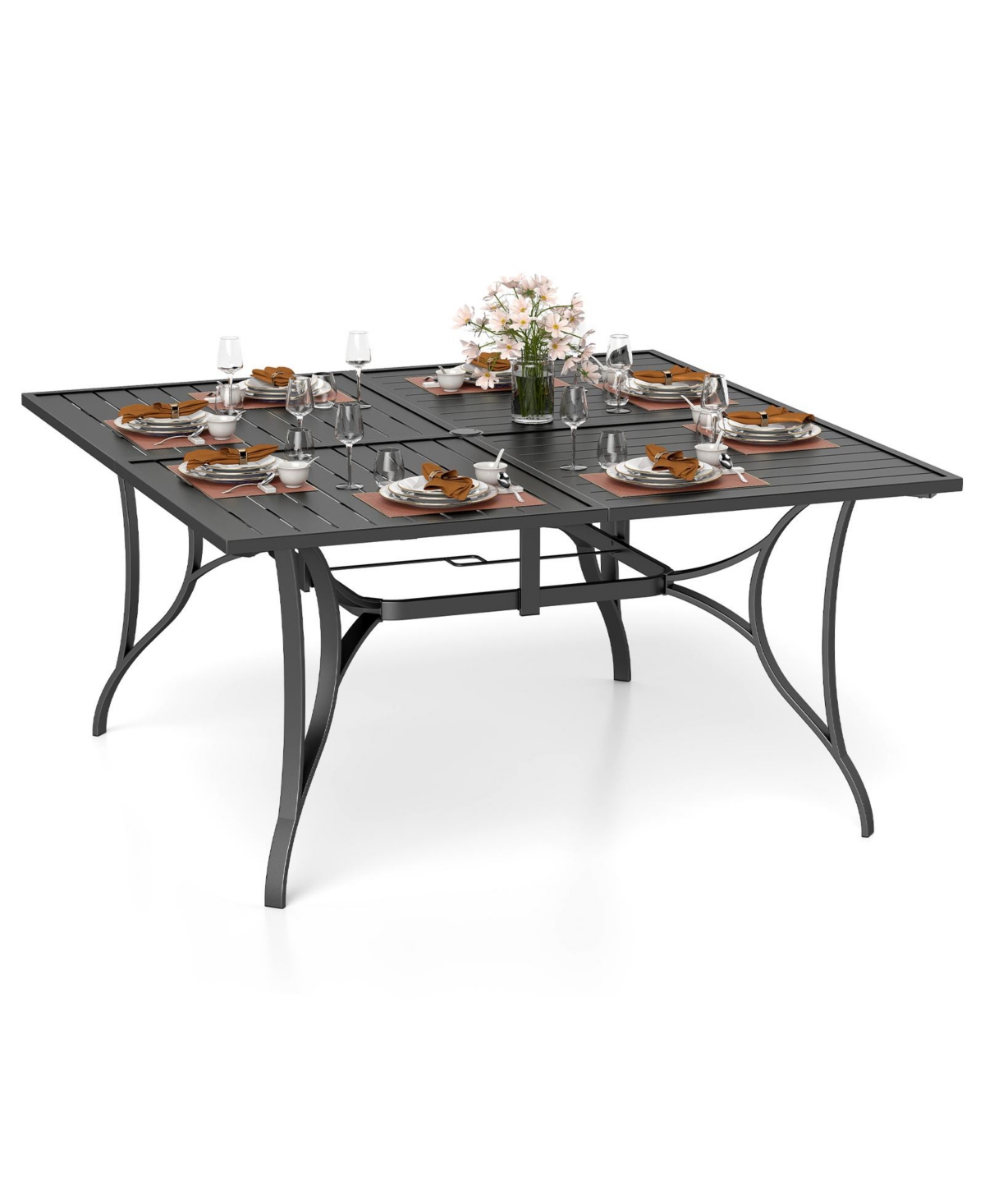 Costway Patio Dining Table for 8, 60" x 60" Square Metal Slat Table with Umbrella Hole Table - Black