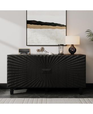 59" Modern Buffet Sideboard, 4 Sunburst Doors Credenza with Solid Wood Legs for Dining Living Room