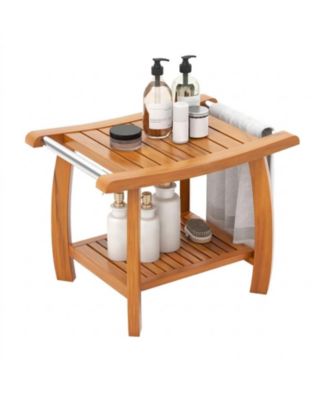 2-Tier Teak Wood Shower Bench with Curved Seat and Handles