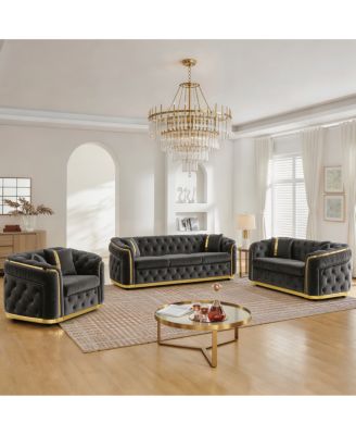 3-Piece Velvet Luxury Chesterfield Sofa Set with Gold Trim