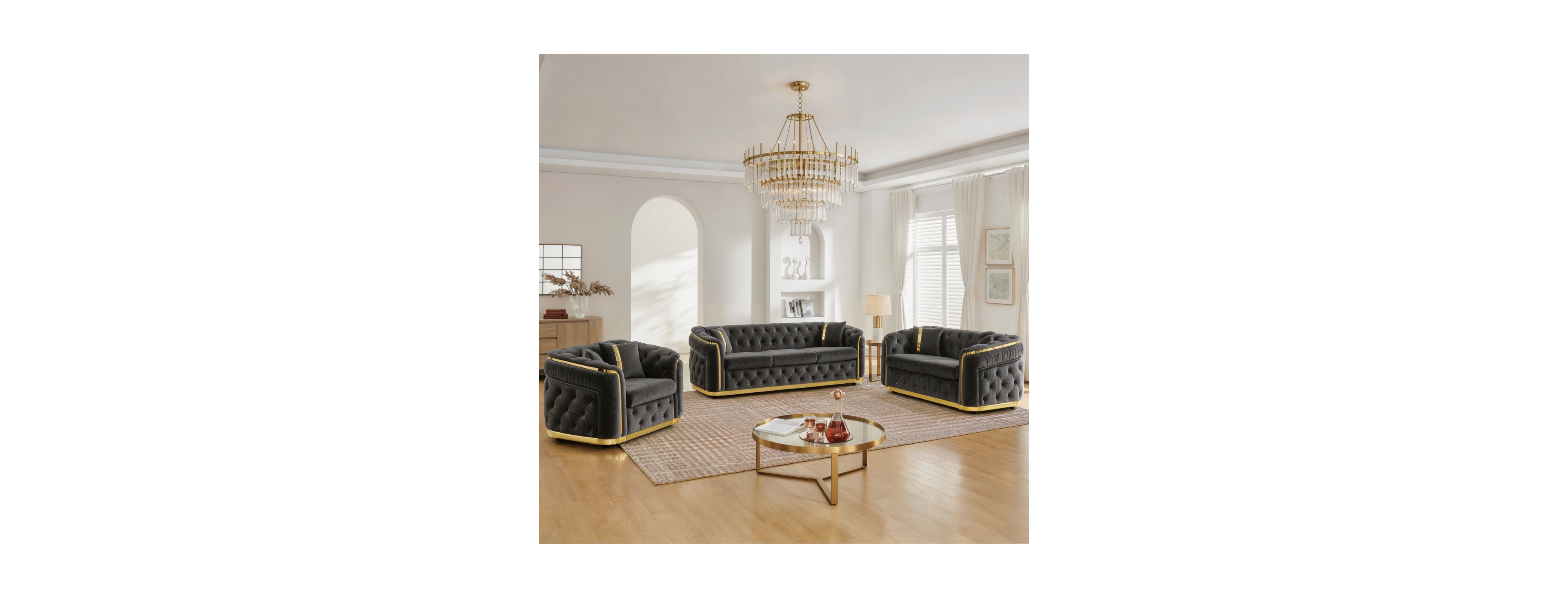 Streamdale Furniture 3-Piece Velvet Luxury Chesterfield Sofa Set with Gold Trim