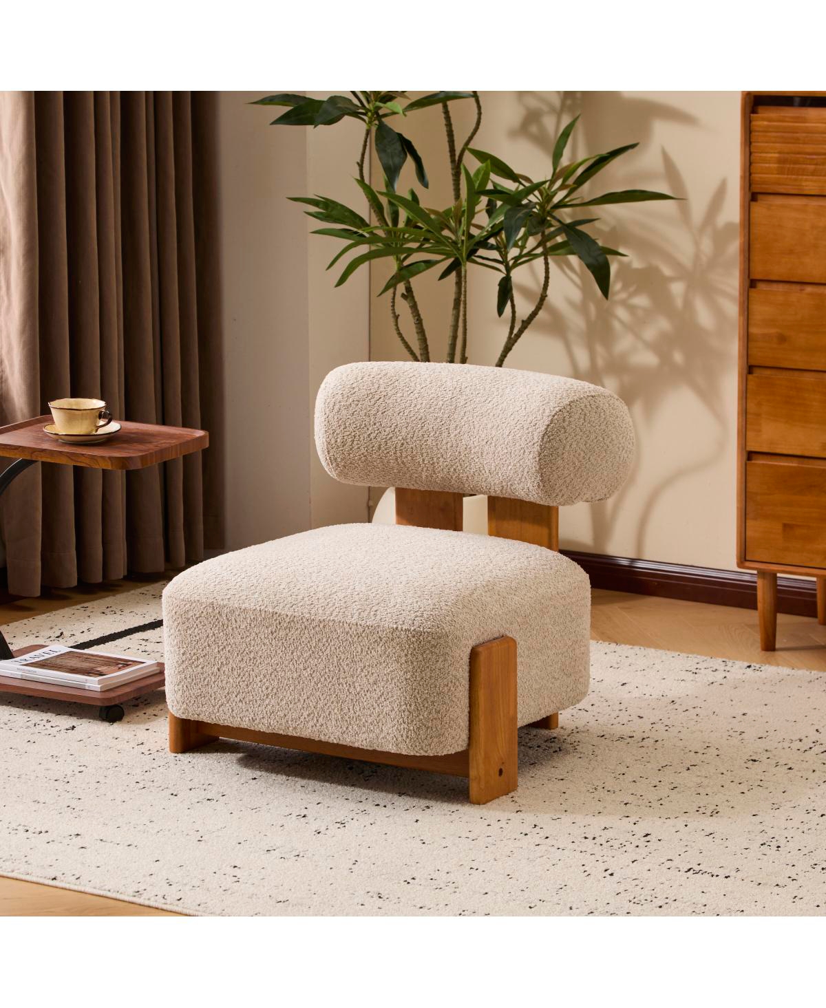 Streamdale Furniture Modern Boucle Lounge Chair with Solid Wood Frame and Rolled Backrest - Almond