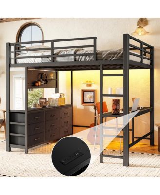 Full Size Loft Bed with Desk, Drawers, LED, USB, and Mirror