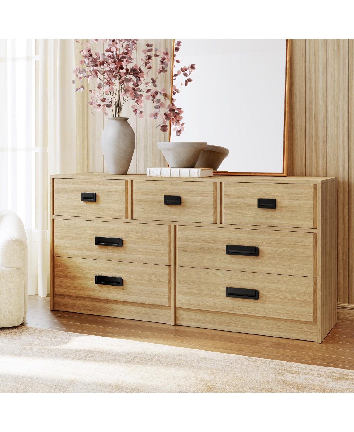 homfan 7-Drawer Wide Dresser for Bedroom, Modern Horizontal Chest with Chamfered Drawer Fronts,Metal Handles, Heavy-Duty Base,Anti-Tip Kit - Beige/Kha