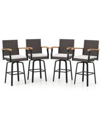 Set of 4 Outdoor Swivel Bar Stools with Acacia Wood Armrests and Cushions Chair