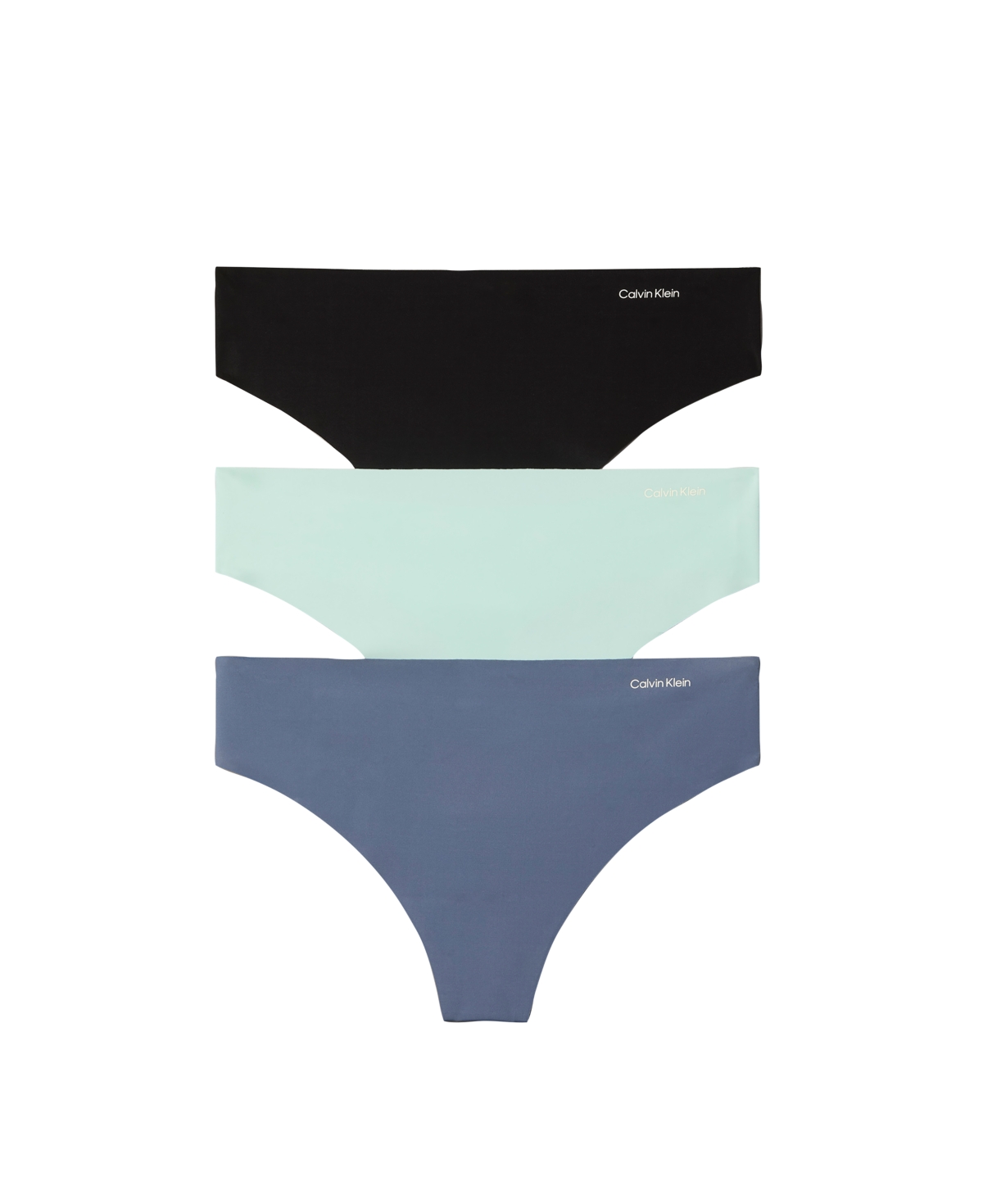Calvin Klein Invisibles Seamless Microfiber Tag-Free Thong, 3-Pack, QD5416 - Black/ Aqua Blue/ Grisaille