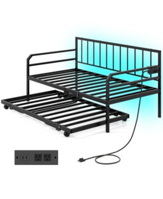 Adjustable Twin Metal Daybed with Pop-Up Trundle and Charging Station