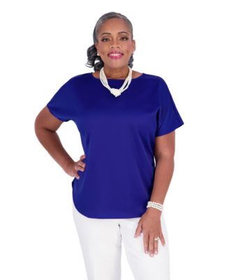 Women's Short-Sleeve Satin Boat-Neck Blouse, Regular and Plus Size