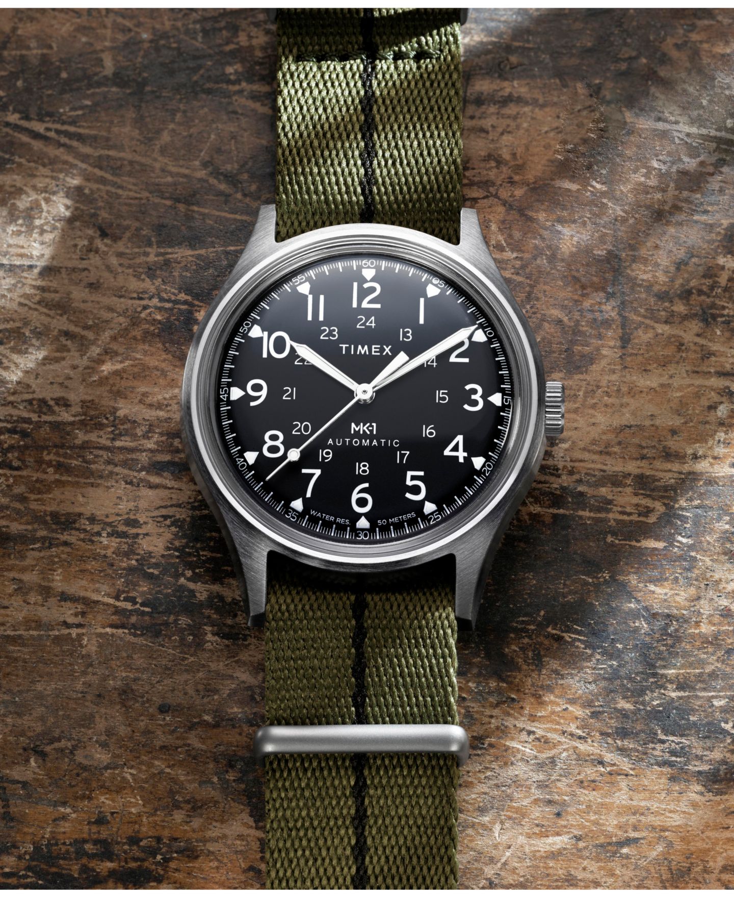Мужские часы Timex Automatic Green Fabric Round Silver-Tone Stainless Steel 40mm — фото 5