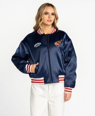 Women's Navy Indiana Fever Oversized Cropped Satin Full-Zip Bomber Jacket