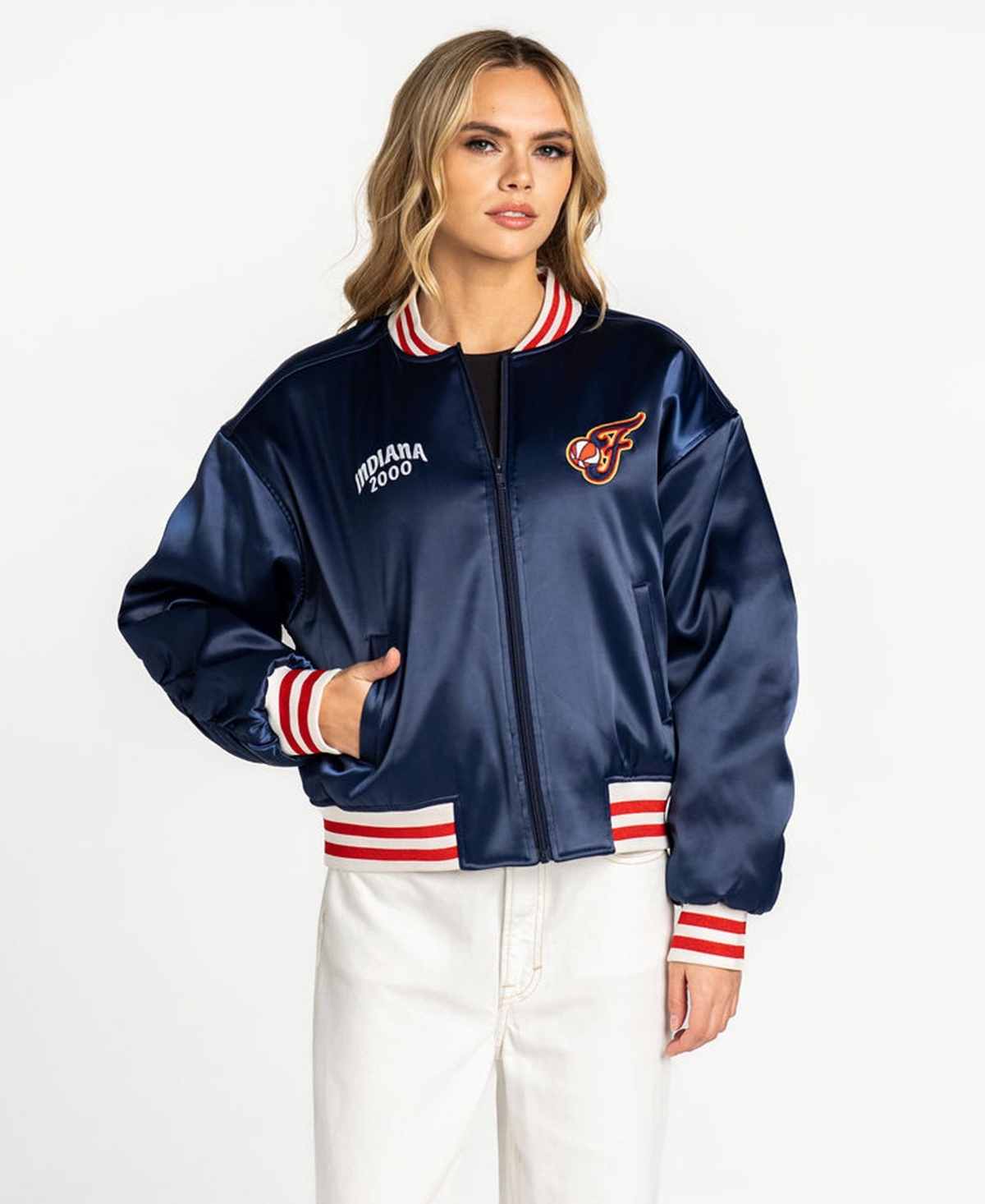 The Wild Collective Women's Navy Indiana Fever Oversized Cropped Satin Full-Zip Bomber Jacket - Navy