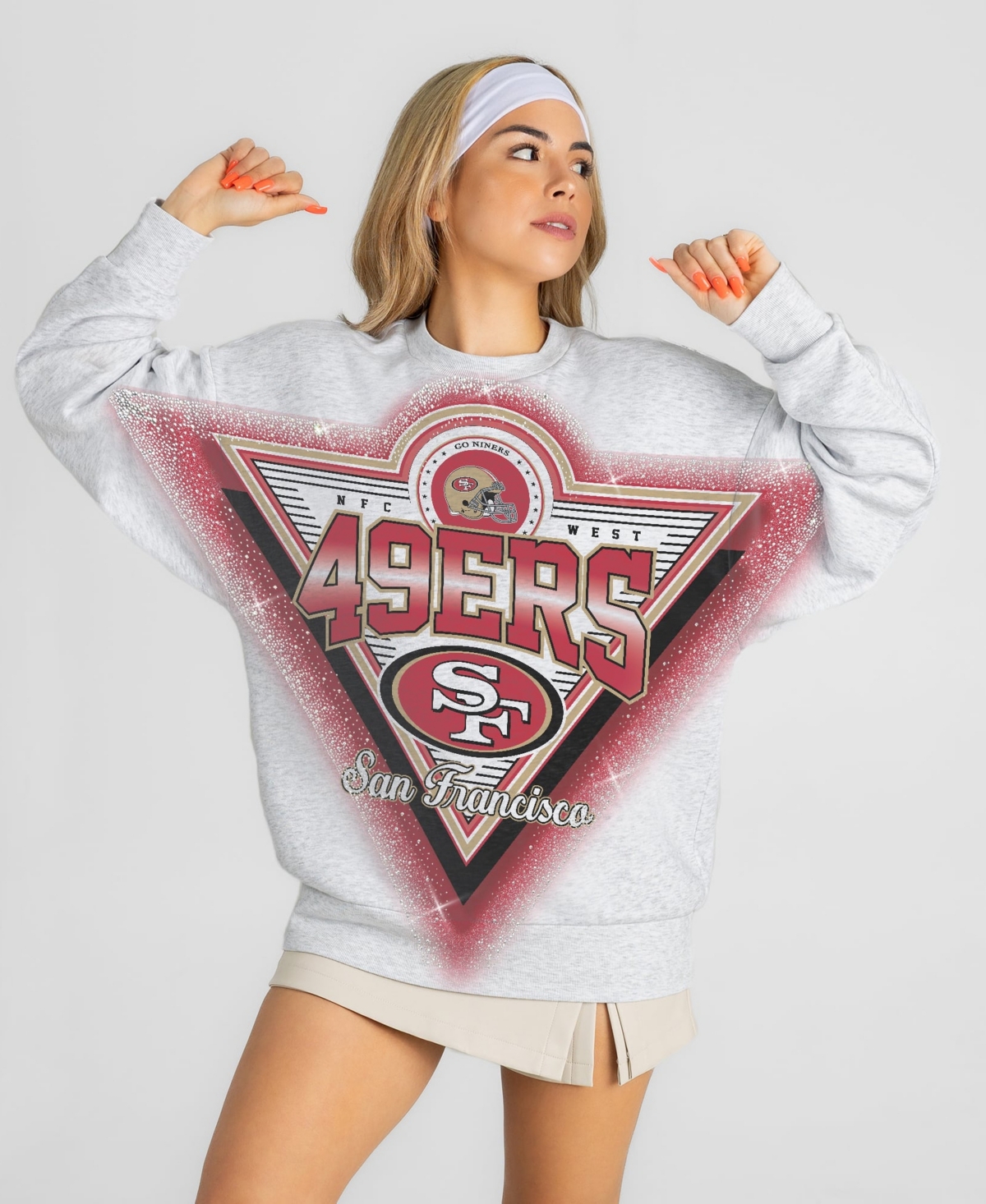 Gameday Couture Women's Heather Gray San Francisco 49ers Chasing Victory Rhinestone Spray Oversized Fleece Sweatshirt - Heather Gray