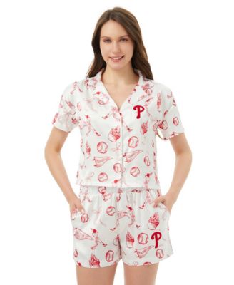 Women's White Philadelphia Phillies Hilton Satin Allover Print Button-Up Shirt Shorts Set
